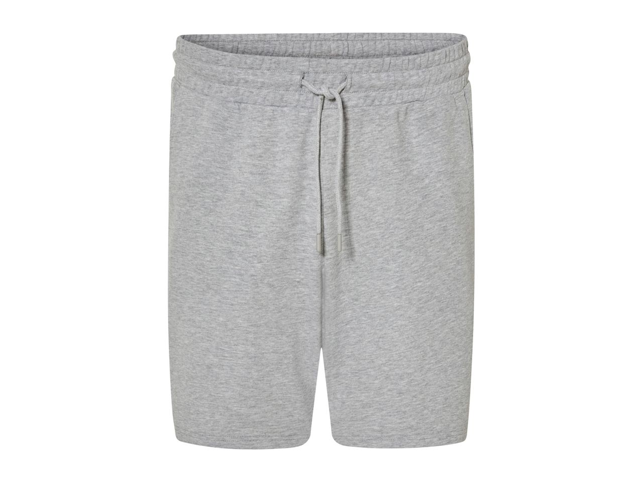 Gray fleece shorts with drawstring waist.