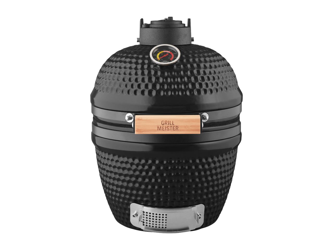 Black ceramic kamado grill with a built-in thermometer and wooden handle
