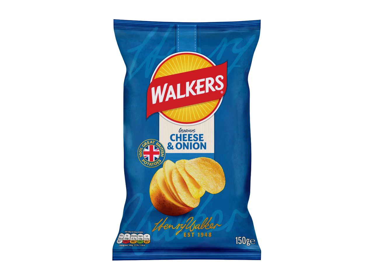 Blue bag of cheese and onion crisps with a potato and crisps shown, highlighting 100% Great British potatoes.
