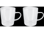 Two clear glass mugs with handles.