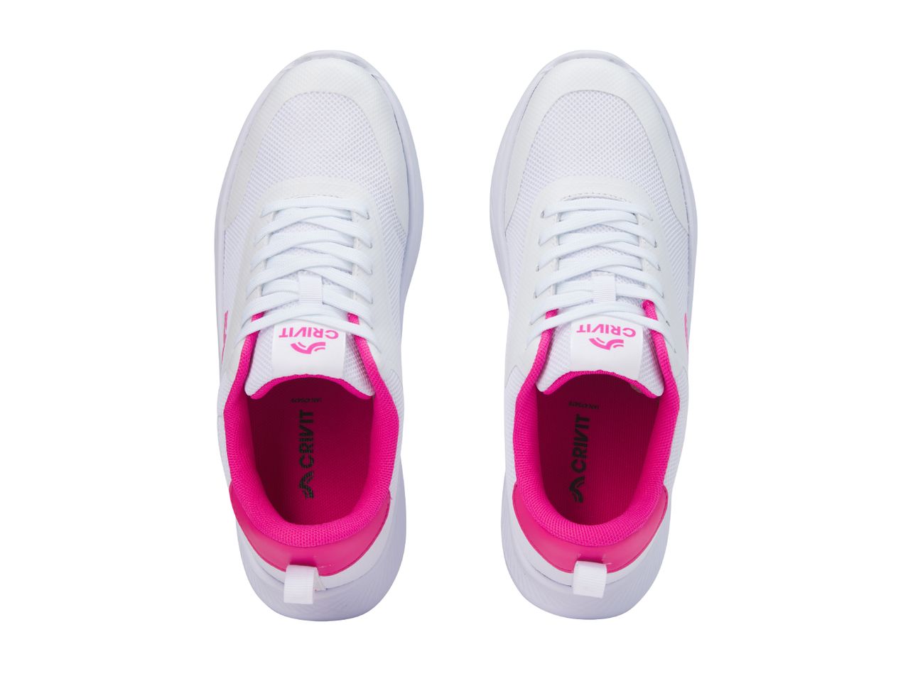 Pair of white and pink athletic shoes, top-down view.