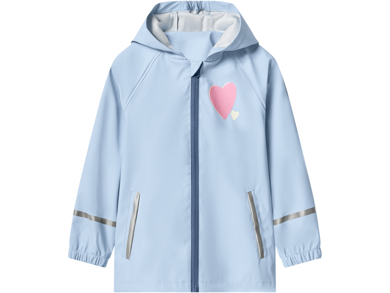 Hele sinine laste vihmamantel kapuutsiga ja roosa südamega.