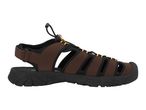 Brown and black men's outdoor sandal with adjustable bungee lacing.