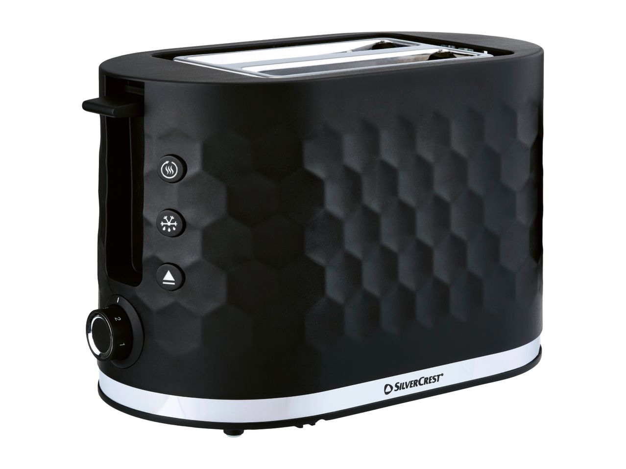 Black two-slice toaster with a textured honeycomb pattern and silver accents.
