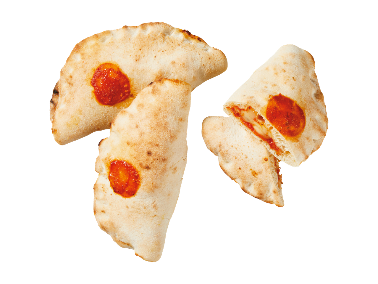 Kolme calzonea, joista yksi on halkaistu ja paljastaa täytteen.