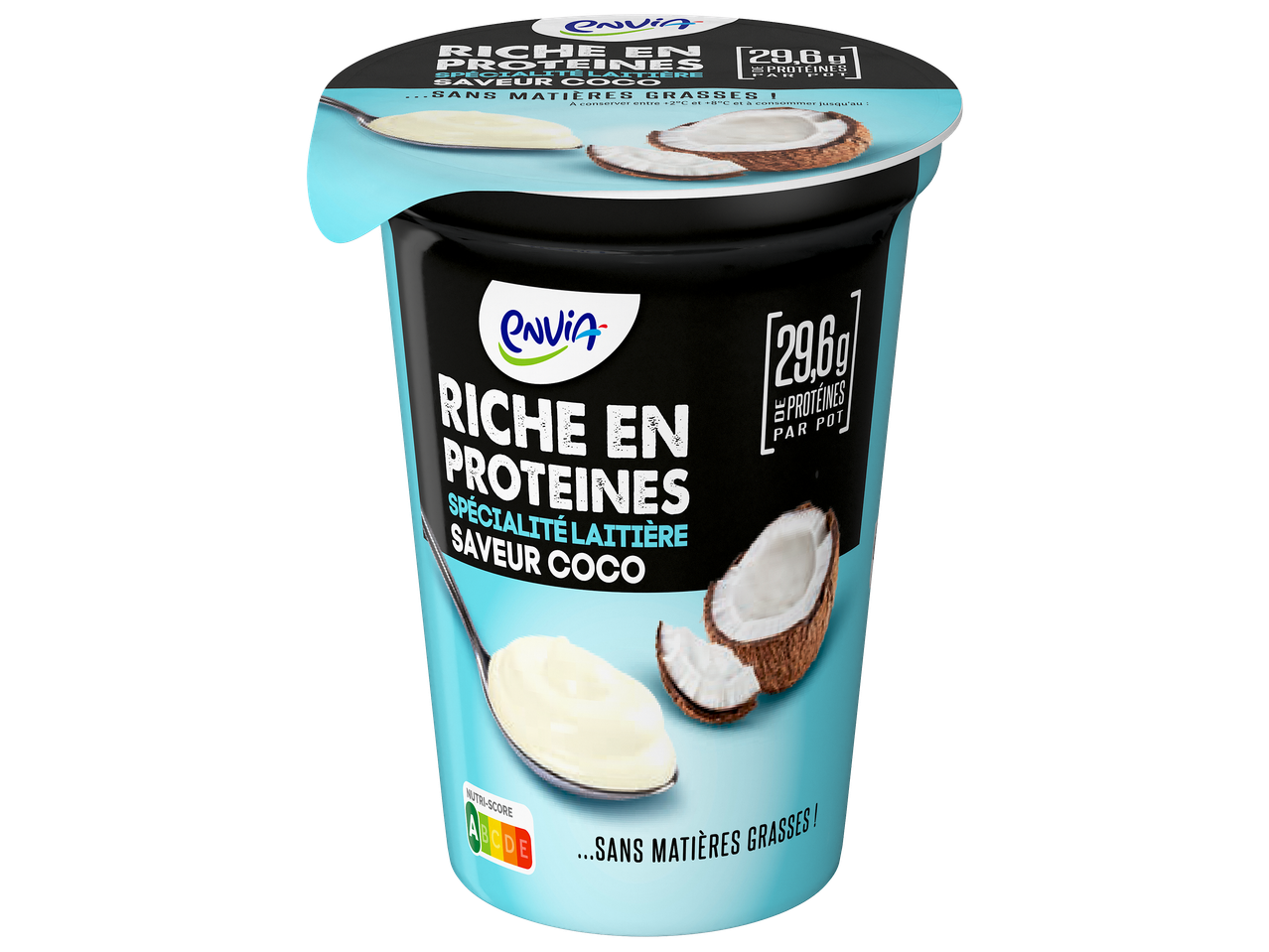 Pot de spécialité laitière saveur coco, riche en protéines et sans matières grasses.