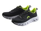 Pair of black and neon yellow athletic shoes with white soles.