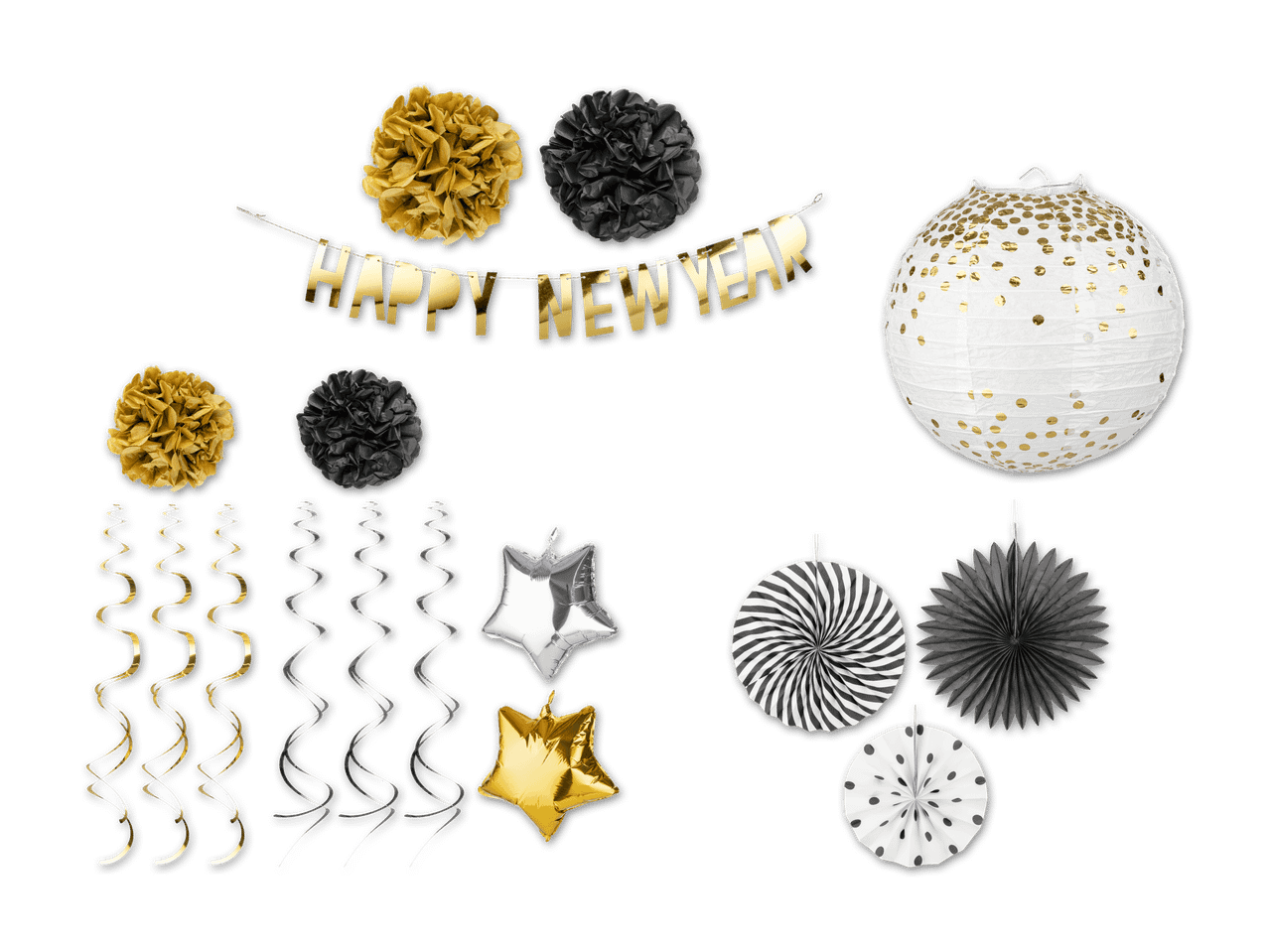 Neujahrs-Partydeko-Set in Gold, Schwarz und Weiß, mit 'Happy New Year' Girlande