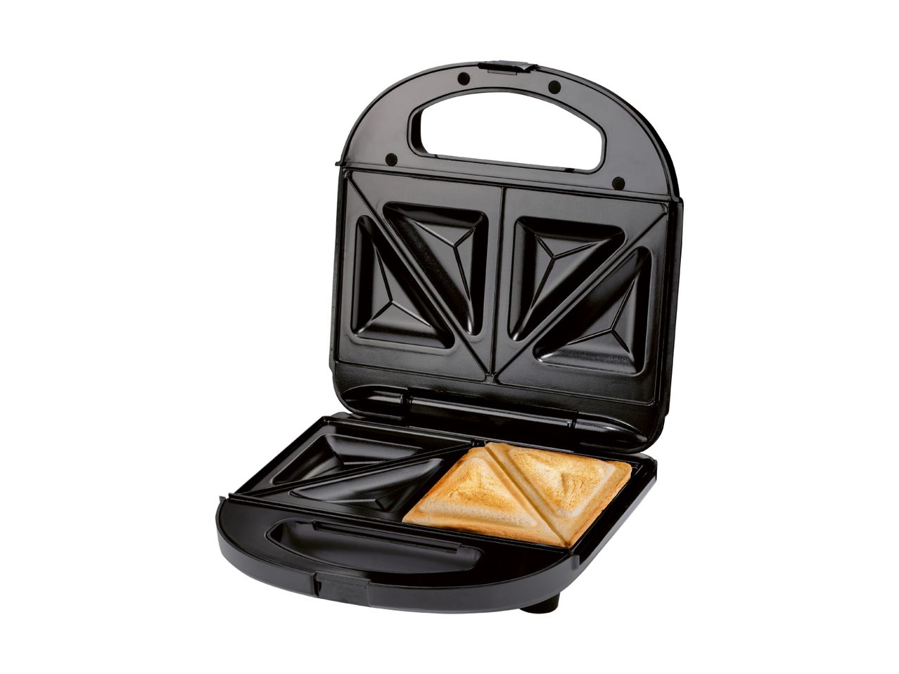 Open sandwich maker with two toasted sandwiches inside, ready to eat.