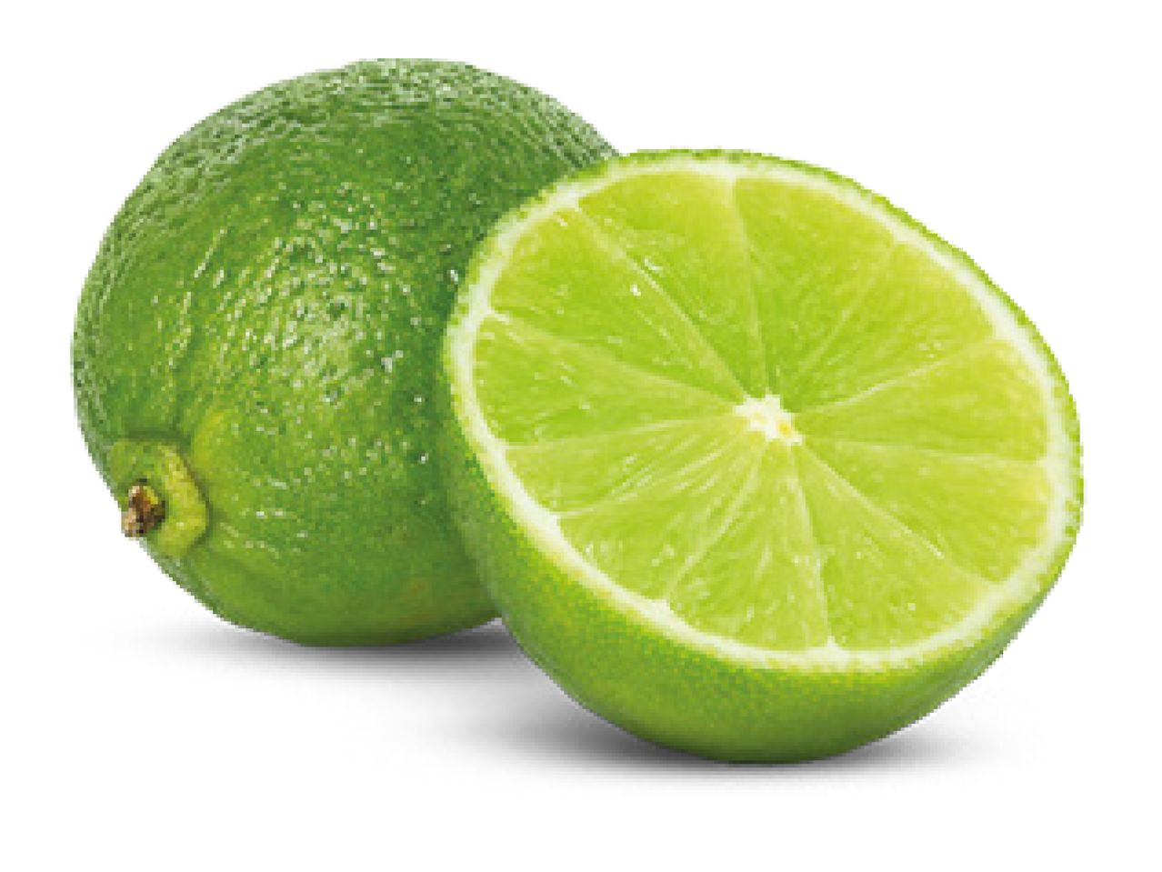 Whole and half-cut fresh green lime on a white background.