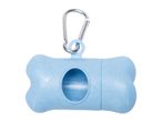A light blue bone-shaped dog waste bag dispenser with a carabiner clip.