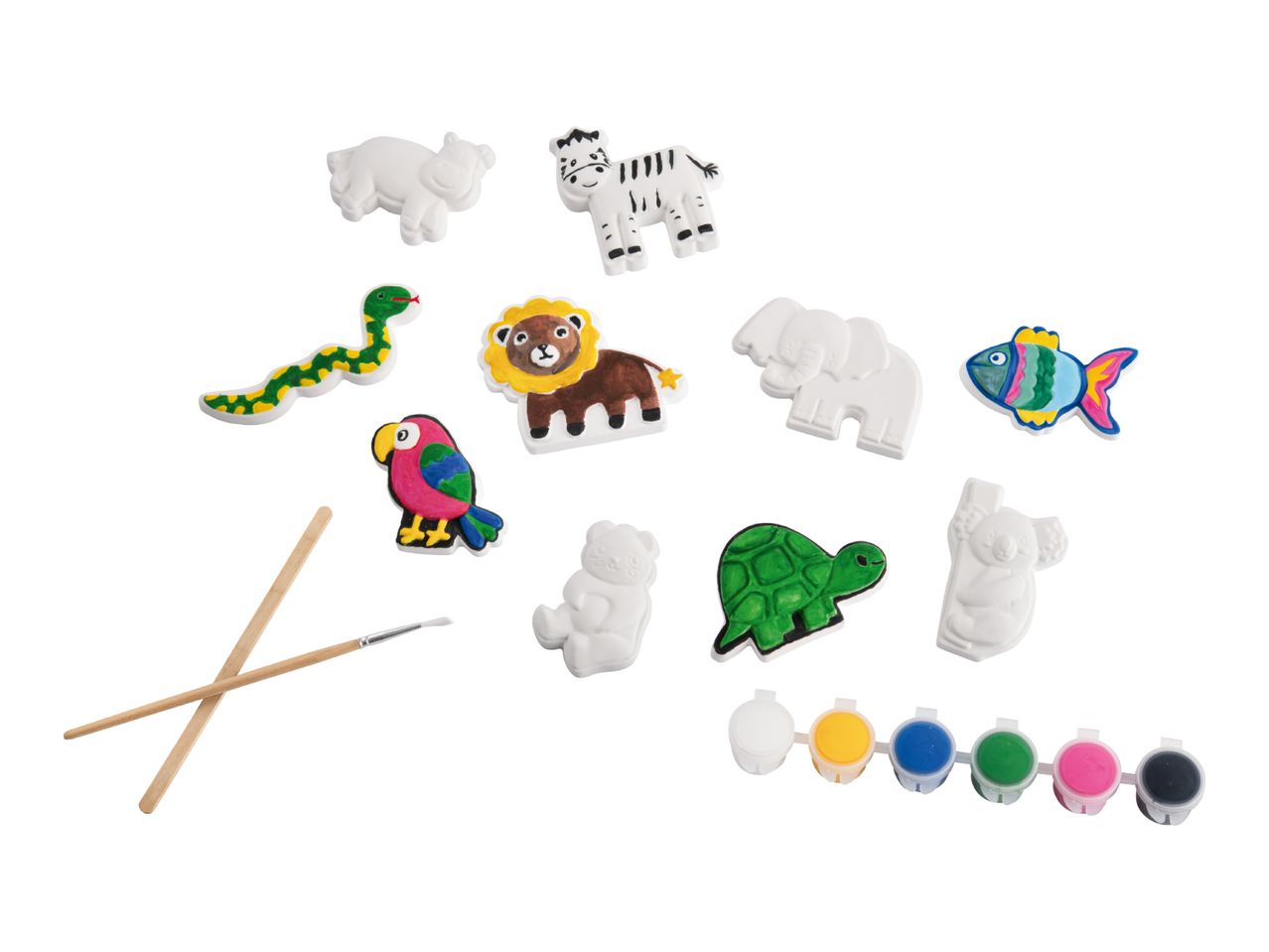 A craft kit with animal-shaped plaster figures, paints, and brushes.