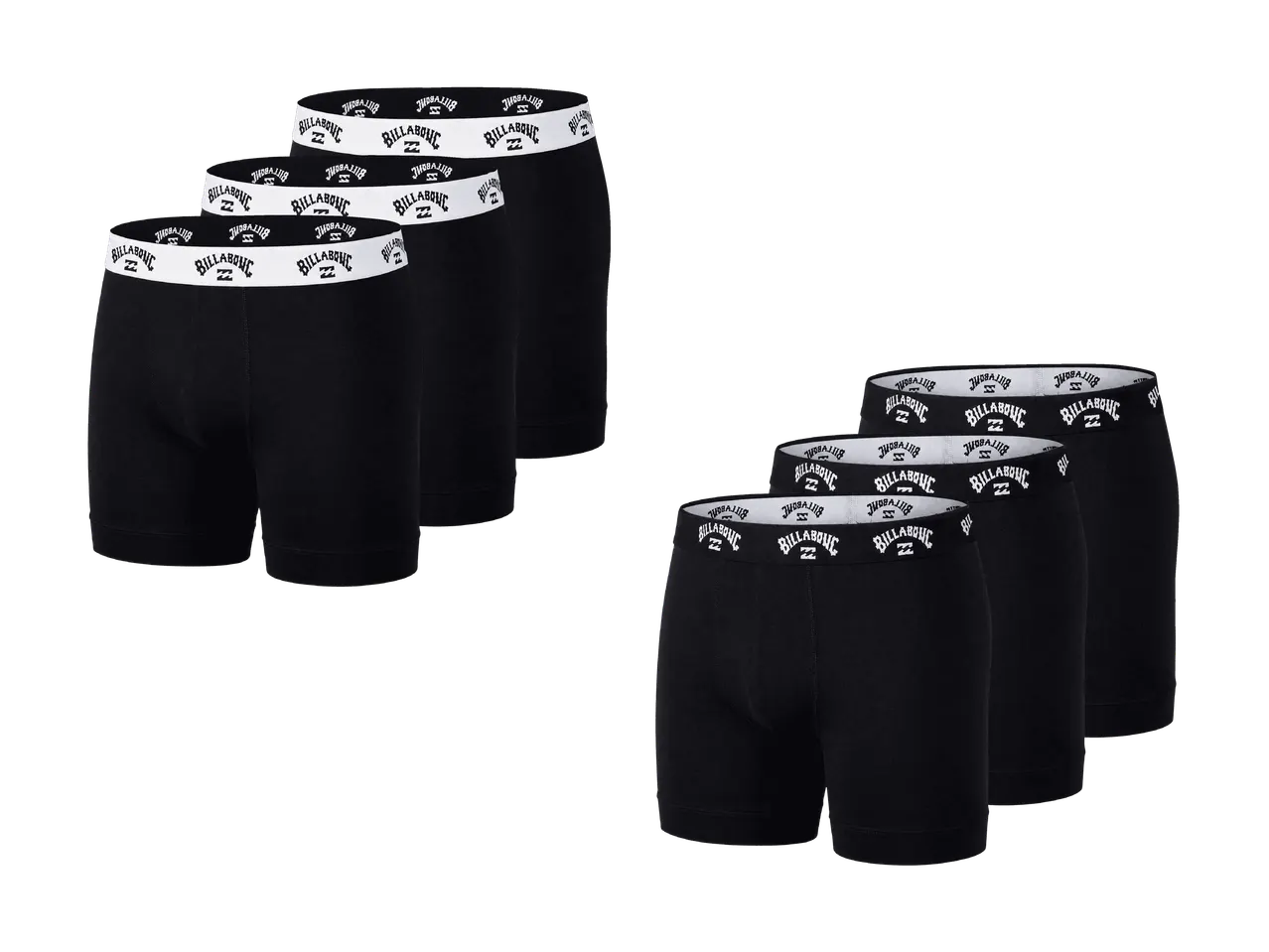 Sechserpack schwarze Herren-Boxershorts mit weißem, gemustertem Bund.