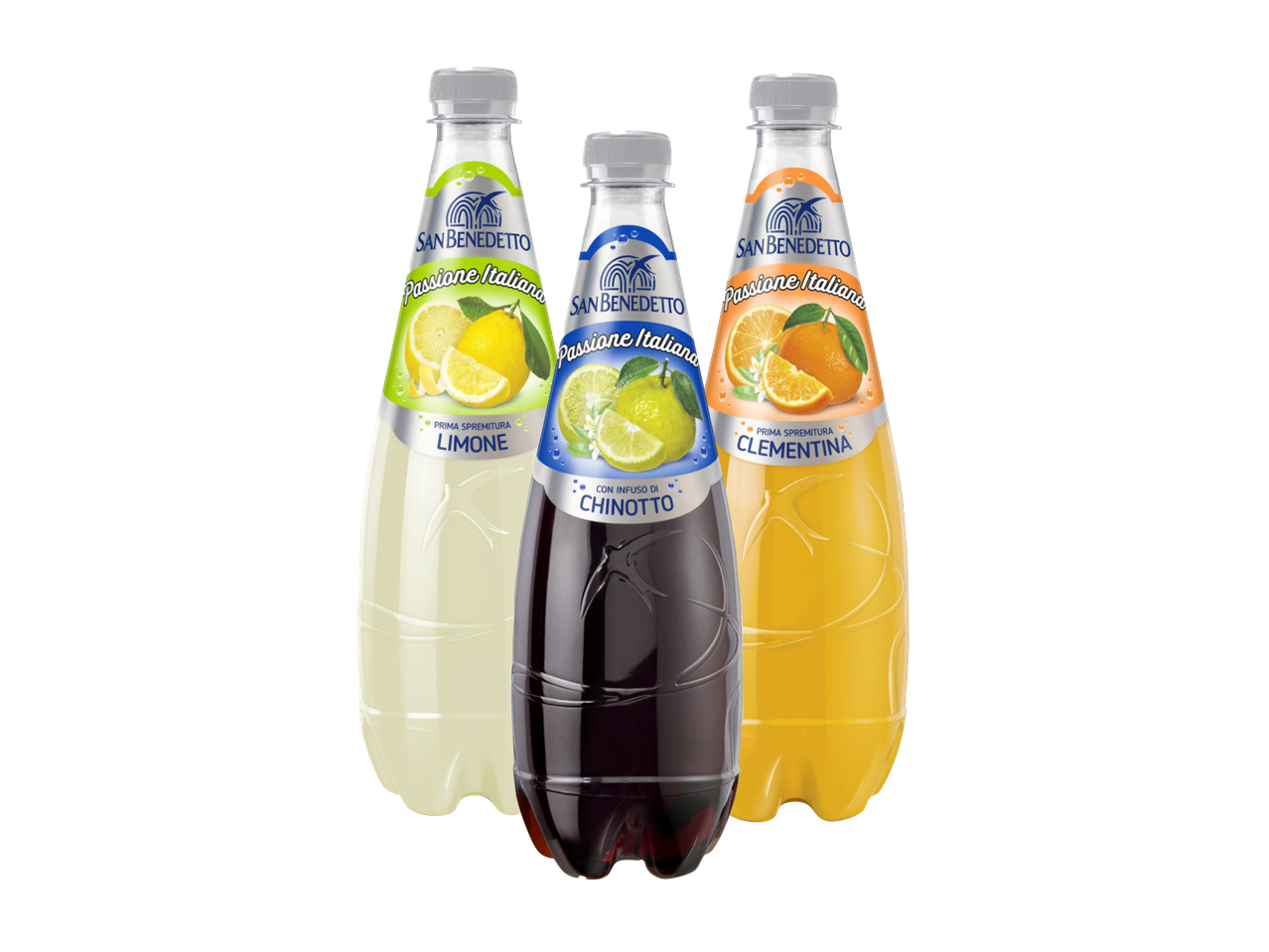 Bottiglie di Sanbitter Limone, Arancia e Chinotto.