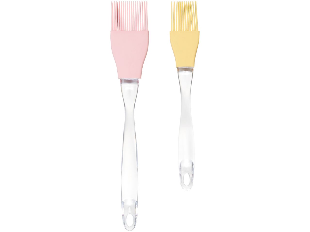Two silicone pastry brushes with clear handles.