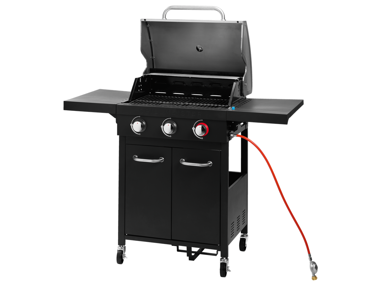 Grillmeister 3 Burner Gas Barbecue with open lid, side shelves, and gas hose