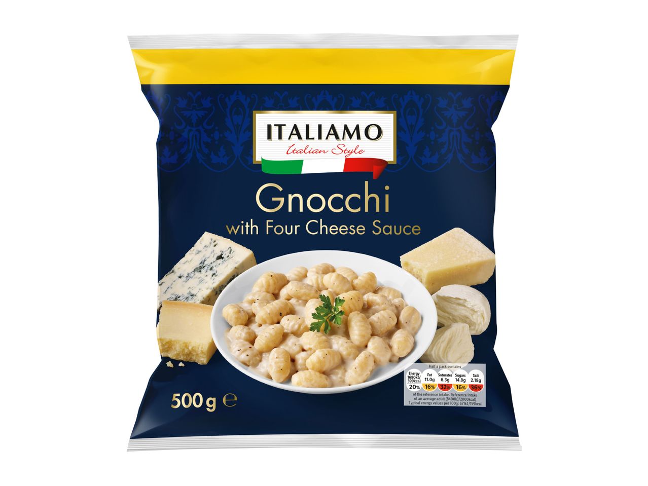 Italiamo Gnocchi with Four Cheese Sauce, 500g package.