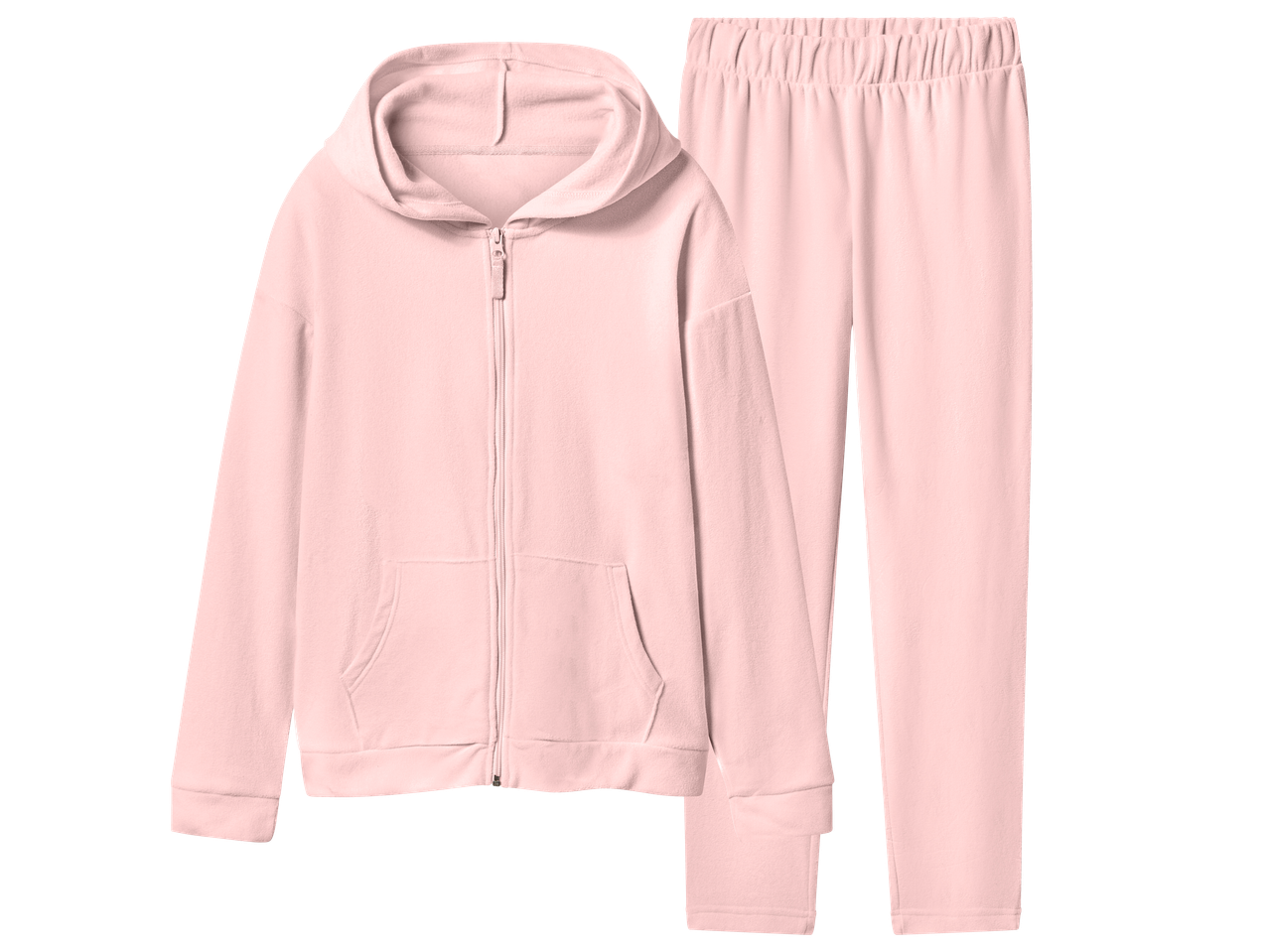Розов комплект от суитшърт с качулка и панталон от полар.