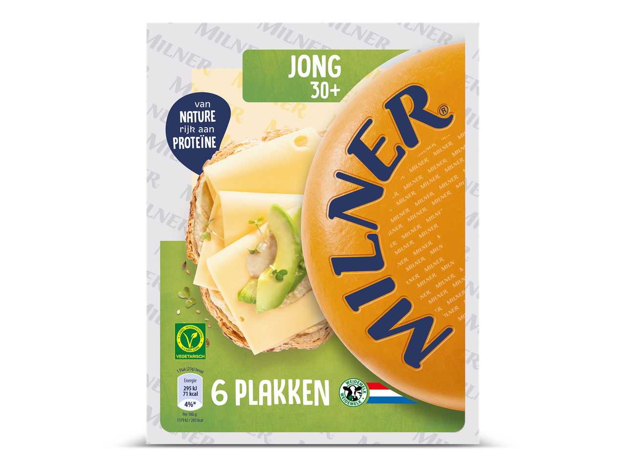 Verpakking met 6 plakken jonge kaas, rijk aan natuurlijke proteïne, met een sandwich met kaas en avocado.