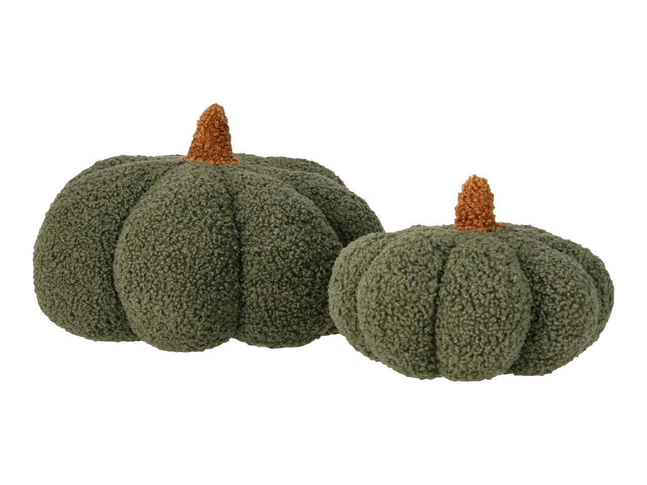 Two green textured pumpkin decorations with brown stems