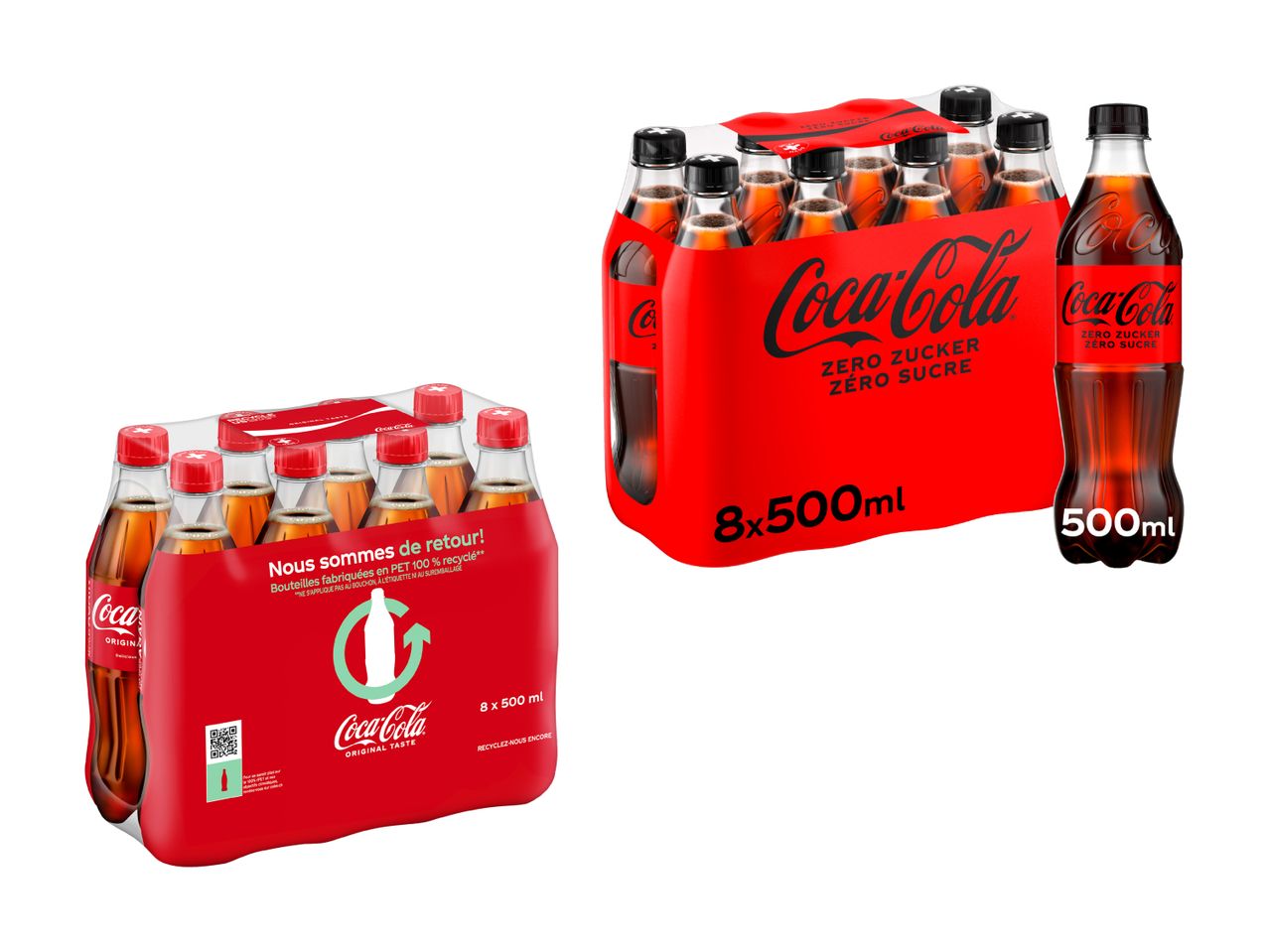 Zwei Coca-Cola-Packs, eines mit Plastikflaschen, das andere mit Glasflaschen.