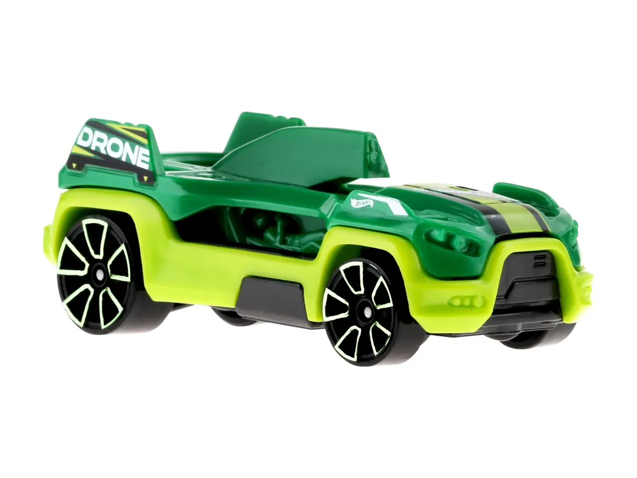 Green and lime green toy car with 'DRONE' written on the back spoiler.