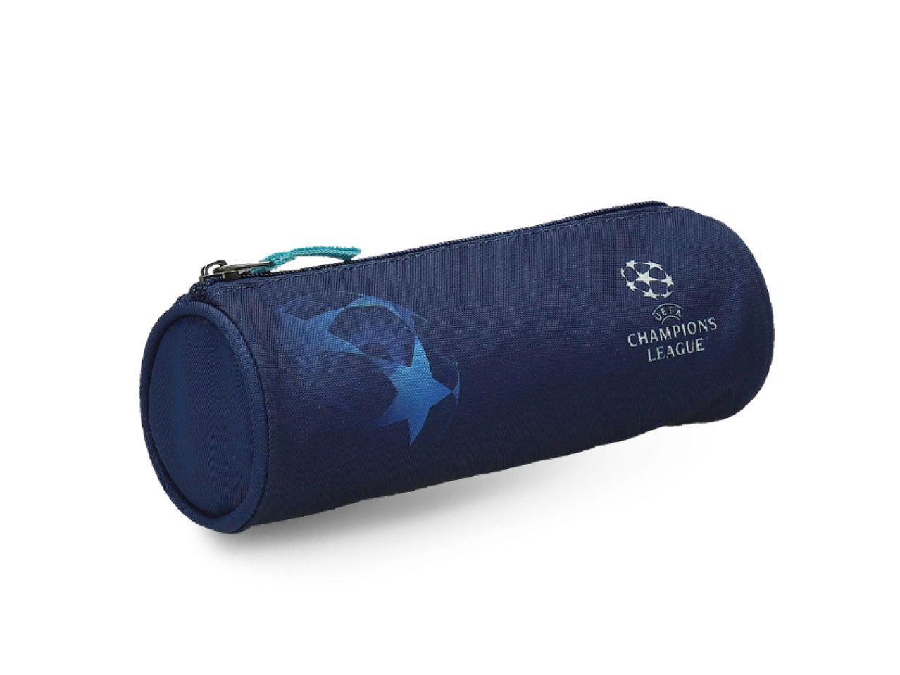 Tamnoplava pernica s logotipom UEFA Lige prvaka i plavim zvijezdama.