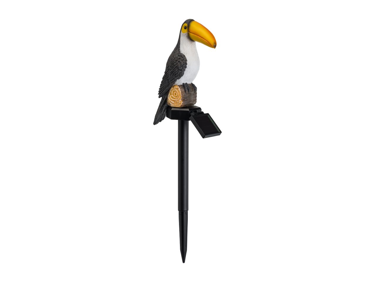 Toucan-shaped solar garden light with a black stake and a small solar panel.