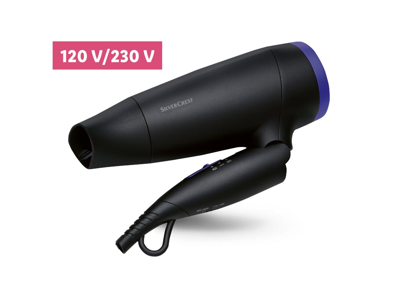 Crni fen za kosu s dvostrukom naponom (120 V/230 V).
