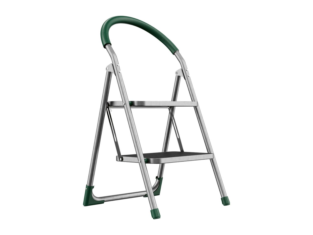 Two-step folding ladder with a green handle and dark steps.