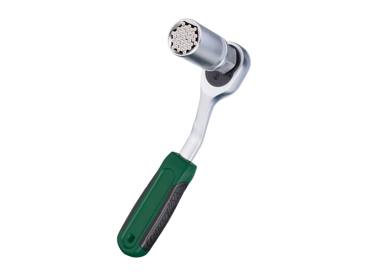 A green-handled ratchet with a multi-bit socket is shown against a white background.