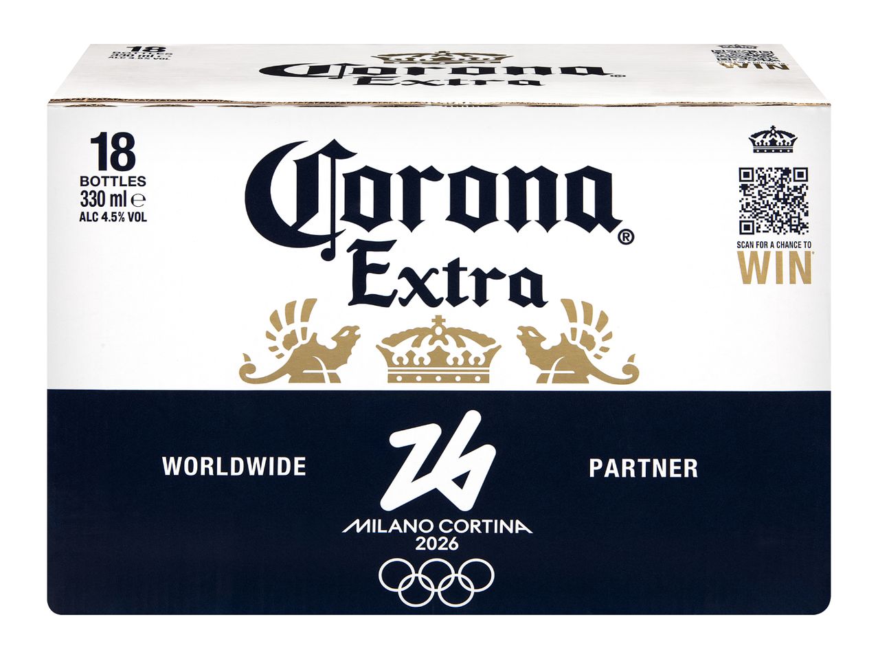 A white and dark blue beer carton, 18 bottles, 330ml, 4.5% ABV, with Olympic rings.