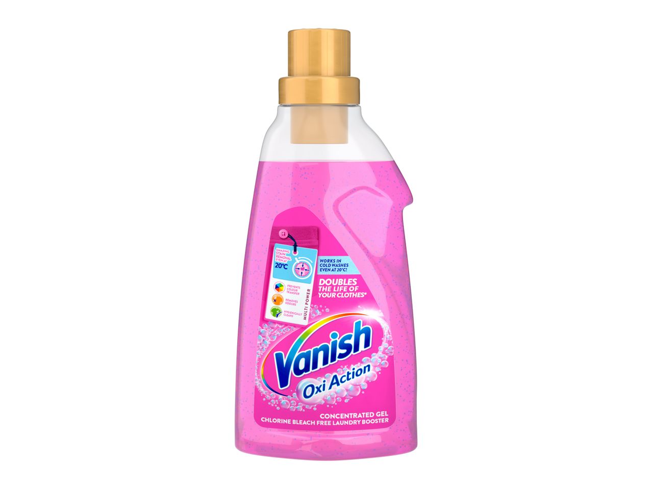 Vanish Oxi Action Concentrated Gel Laundry Booster in a pink bottle.