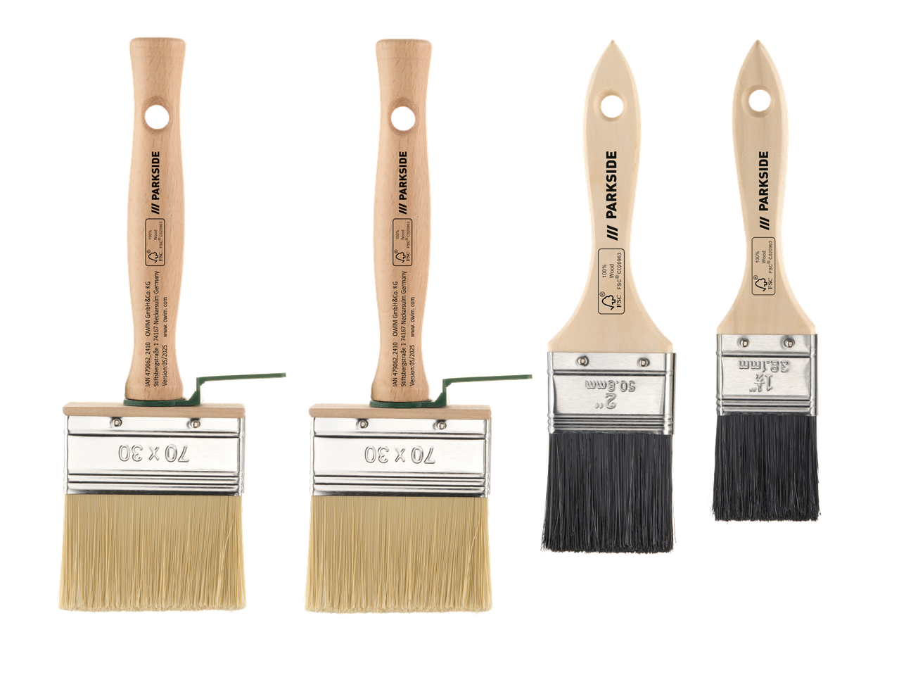 Koka krāsošanas otu komplekts dažādos izmēros, ar gaišiem un tumšiem sariem.