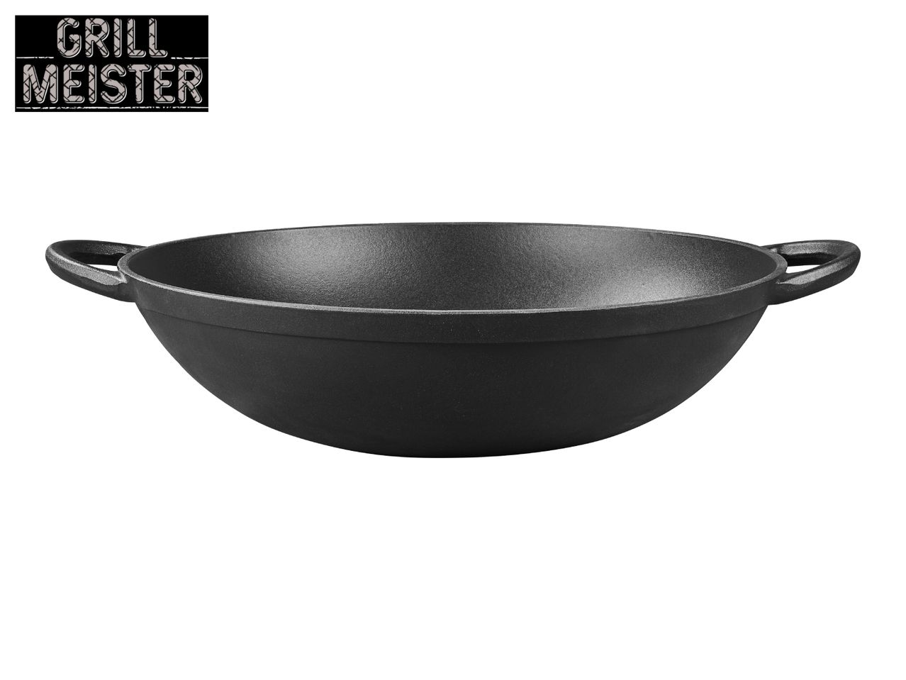 Black cast iron wok with two handles and a logo that says 'GRILL MEISTER'