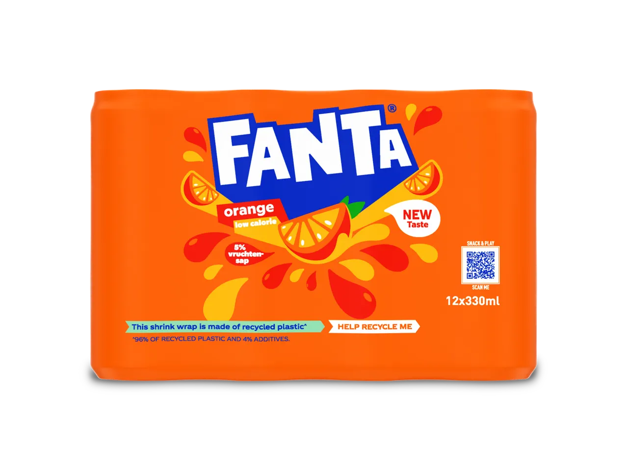 Een 12-pack Fanta Orange light met een nieuwe smaak, verpakt in gerecycled plastic.