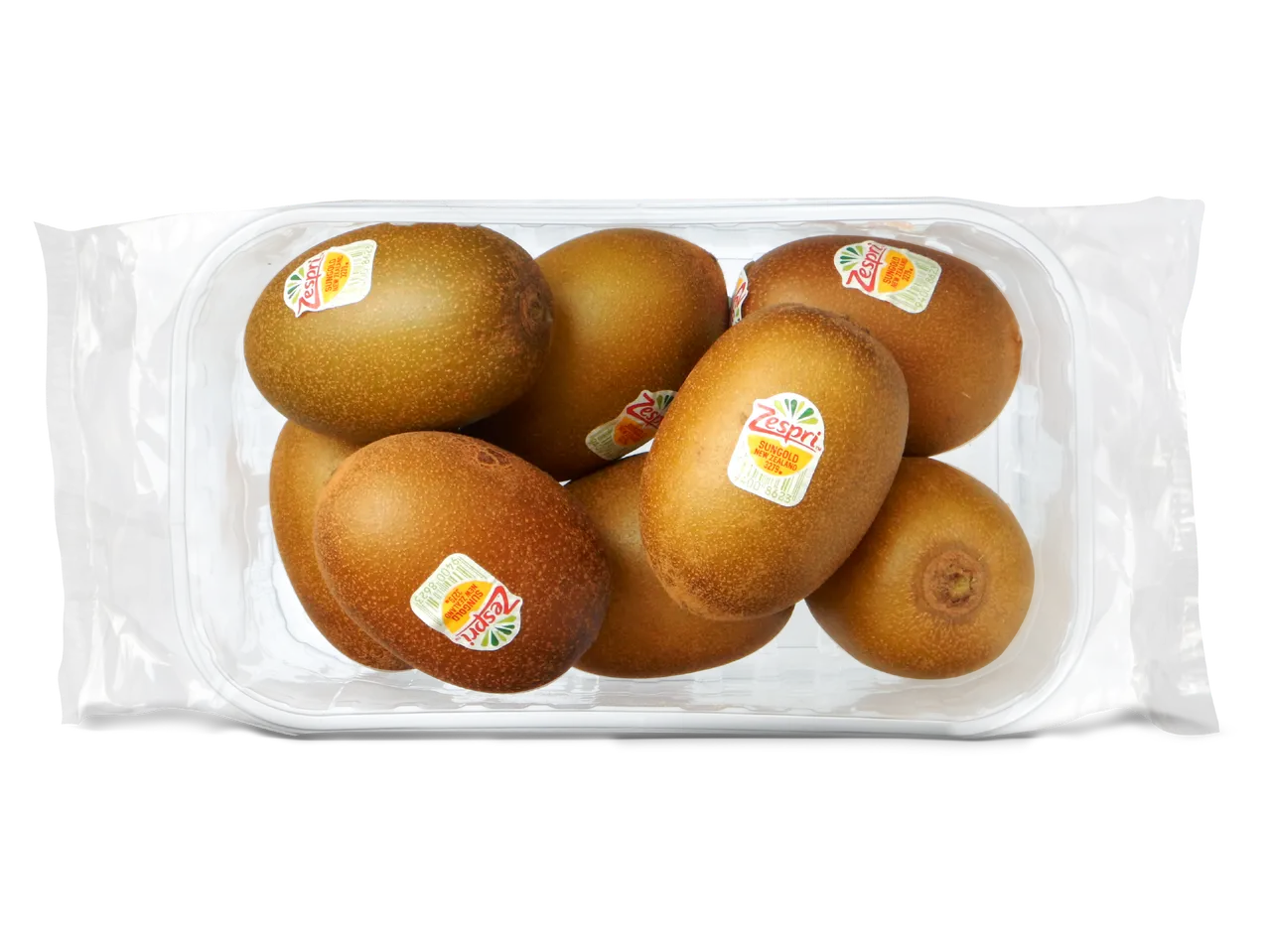 Een doorzichtige verpakking met acht goudkleurige kiwi's, elk met een sticker.