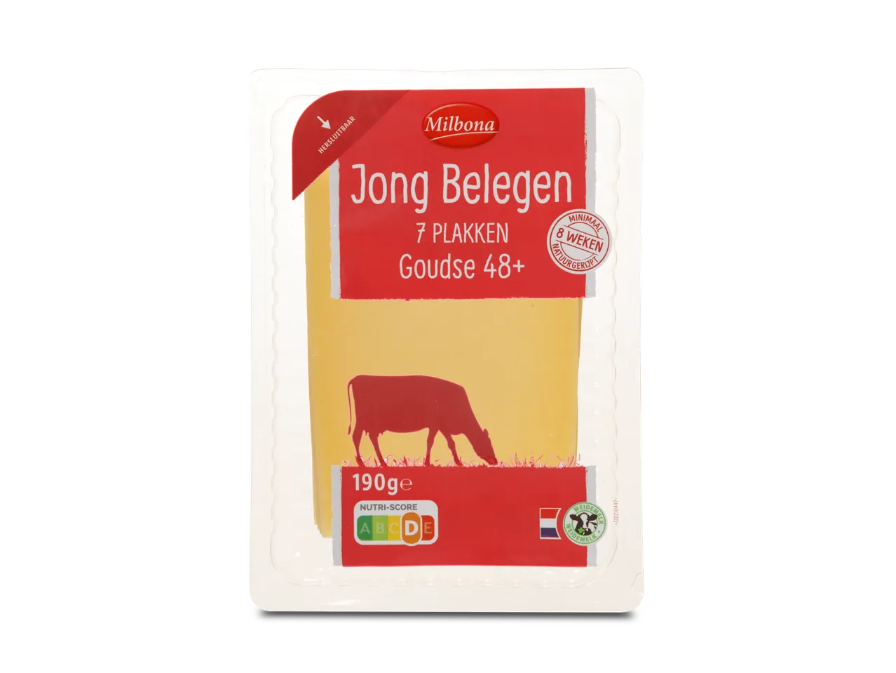 Verpakking Milbona Jong Belegen Gouda 48+ kaas.