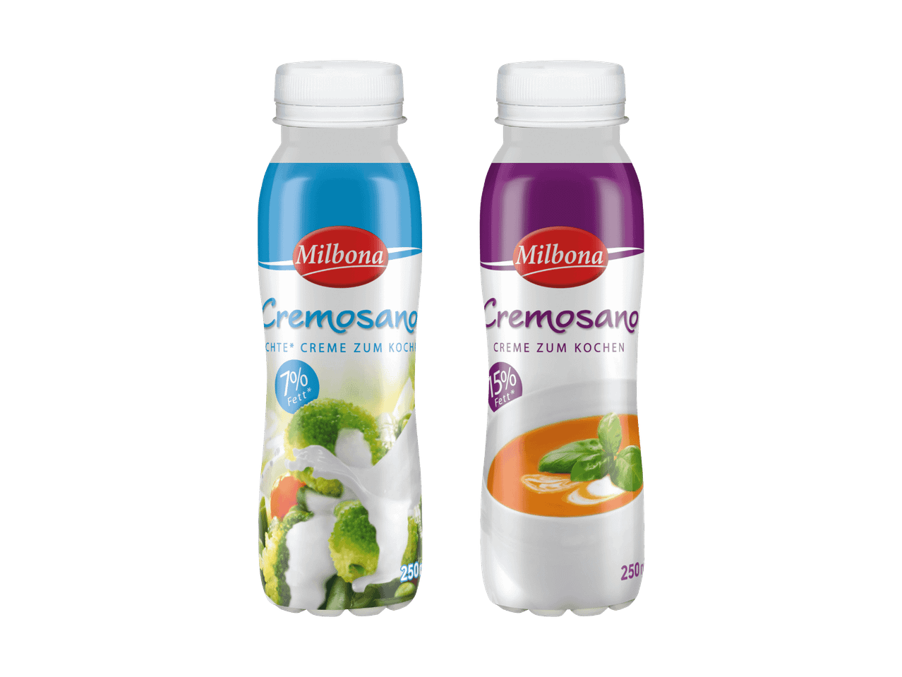 Zwei Flaschen Milbona Cremesauce zum Kochen, eine mit 7% Fett und Gemüse, die andere mit 15% Fett und Suppe.