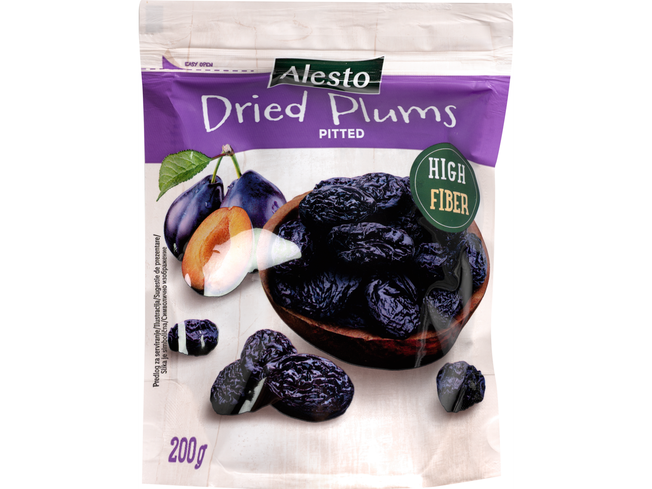 Alesto Prune Uscate, fără sâmburi, cu conținut ridicat de fibre, ambalaj de 200g.