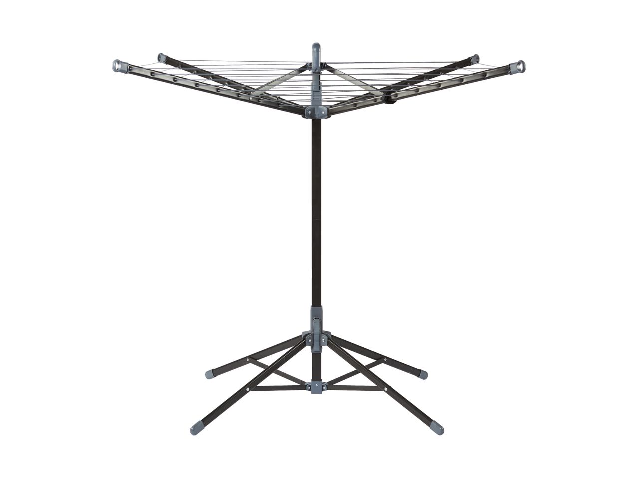 A black and gray rotary clothesline with a tripod base.