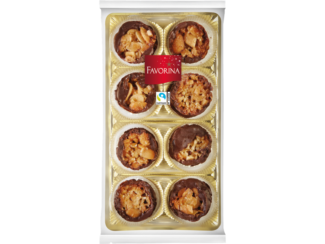 Una scatola di florentine al cioccolato Favorina con noci e frutta candita.