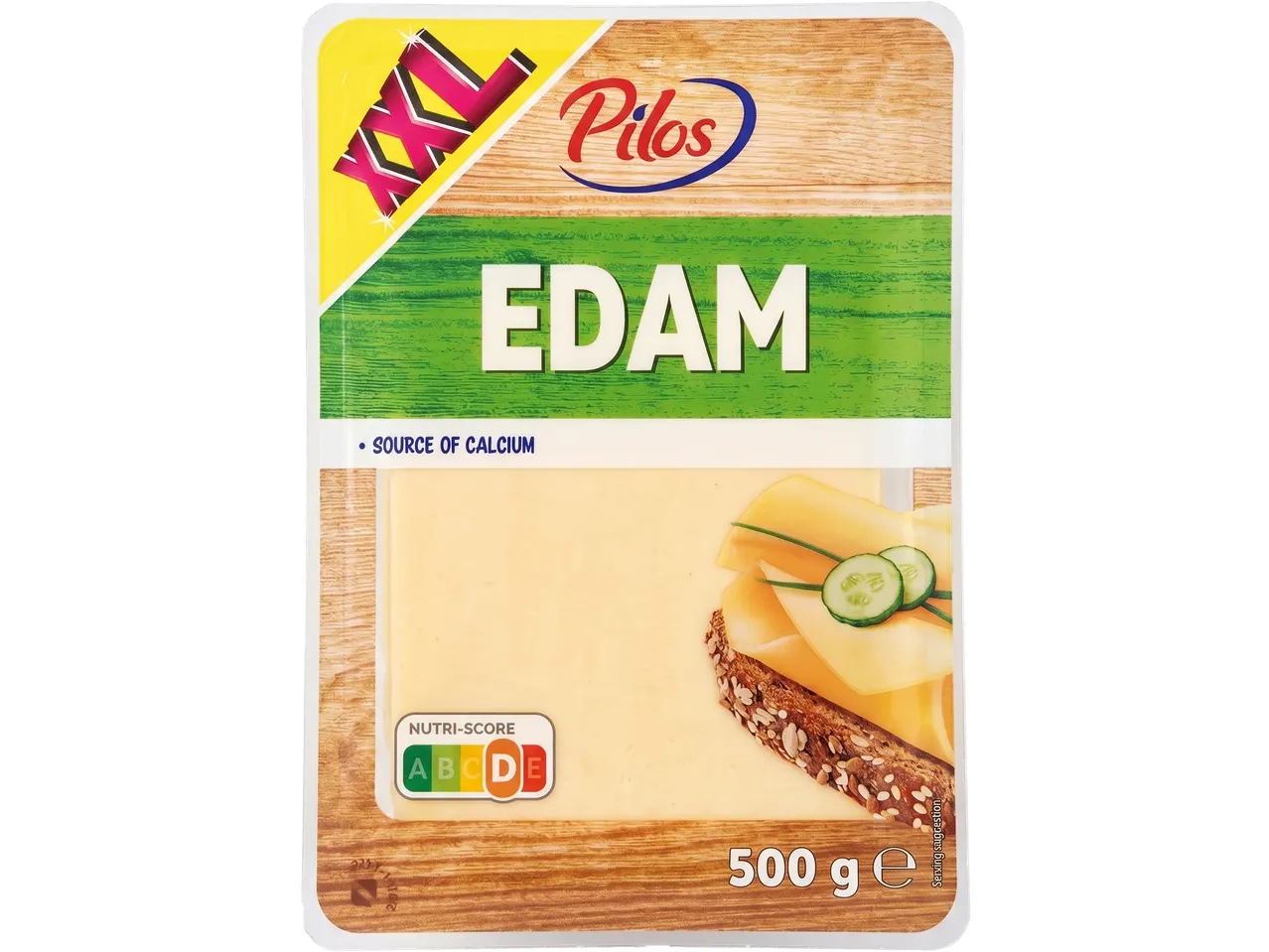 Pilos Edam sūrio griežinėliai, XXL 500g pakuotė, su Nutri-Score D ir kalcio šaltiniu.