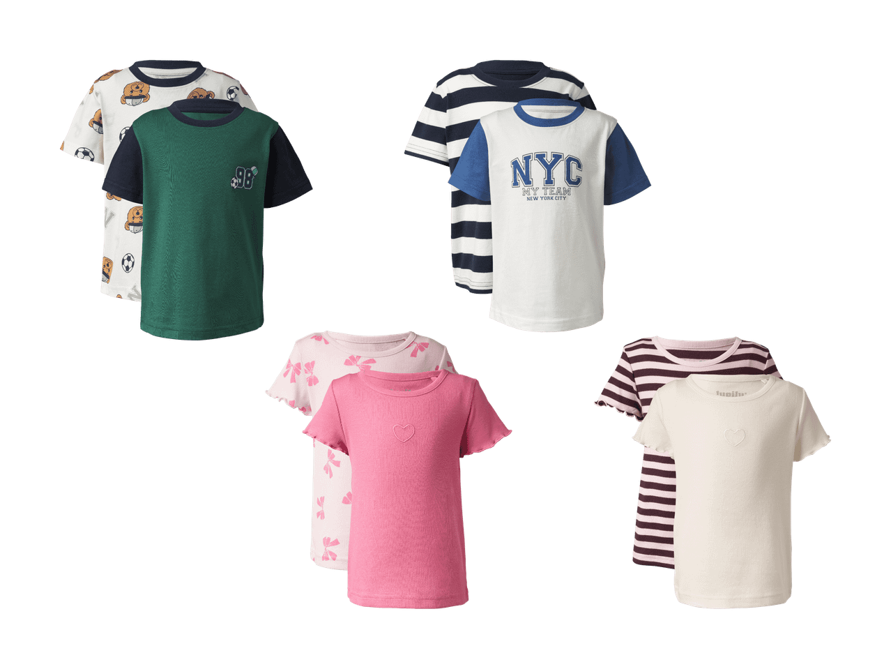Six t-shirts pour enfants : deux à motif ours et football, deux rayés et imprimé NYC, deux à motif nœuds et cœur brodé.