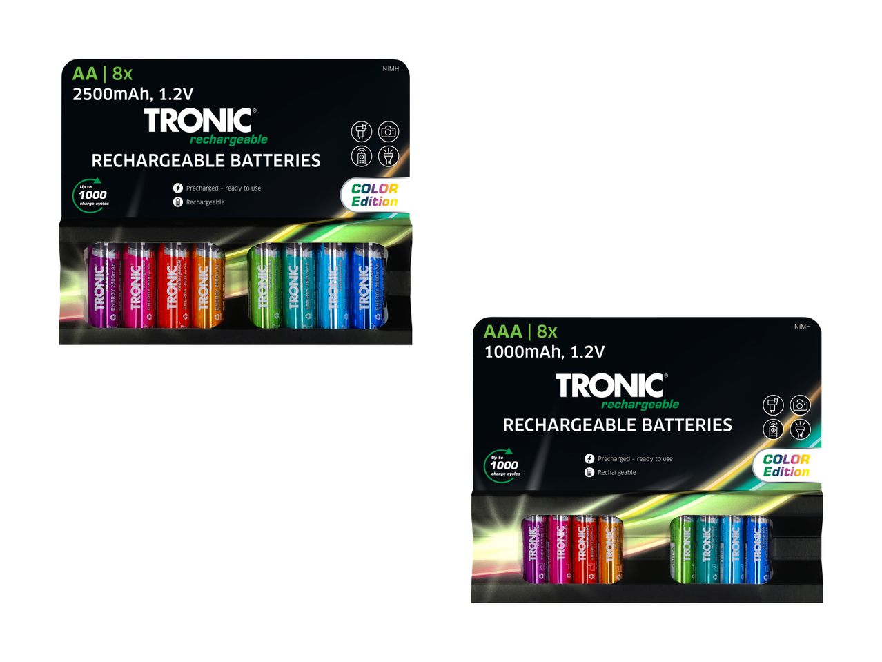 To pakker TRONIC genopladelige batterier, en med AA 2500mAh og en med AAA 1000mAh, begge i farverige designs.