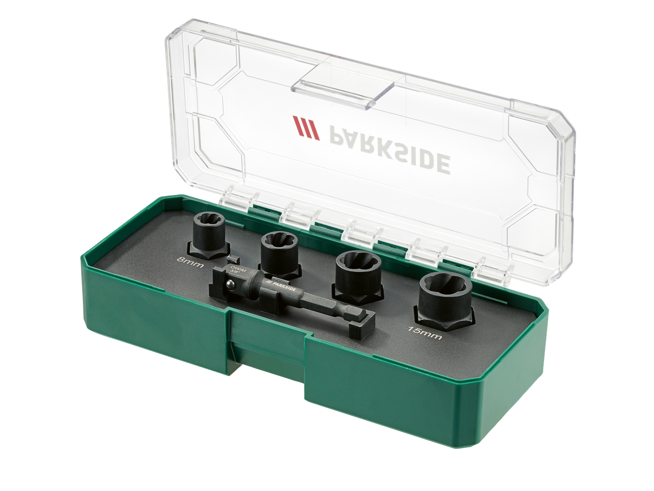 Parkside komplet nasadnih ključev velikosti 8 mm in 15 mm v zeleni in prozorni škatli.