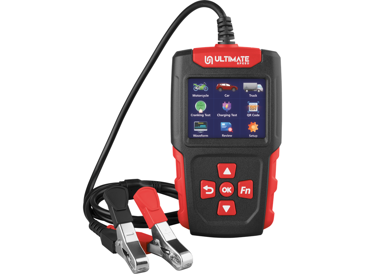 Ultimate Speed akumuliatoriaus testeris su ekranu, rodančiu transporto priemonių tipus ir testavimo parinktis.