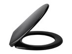 A black toilet seat and lid, partially open, against a white background.