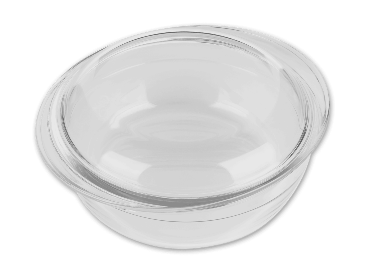 Eine transparente Glasschüssel mit Deckel.