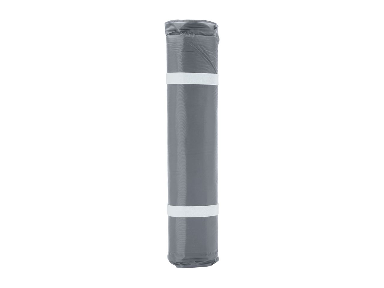 A rolled-up grey tarpaulin with two white straps, standing upright.